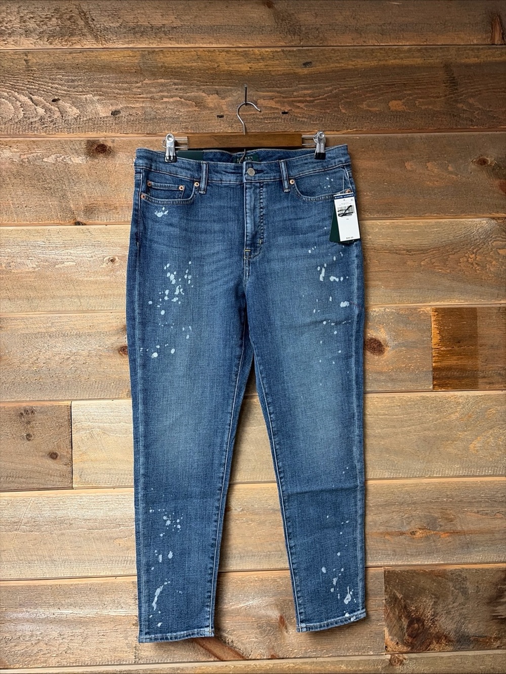 Lauren Ralph Lauren Premier Skinny Ankle Jeans Paint Splatter Indigo Blue 14 NWT